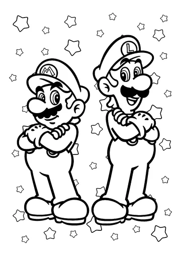 Mario and Luigi against a starry background coloring page