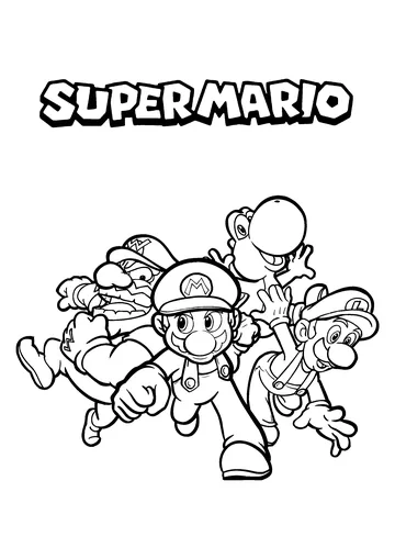 Mario with Luigi, Wario and Yoshi coloring page