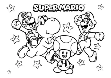 Mario, Luigi, Yoshi and Toad with many stars coloring page