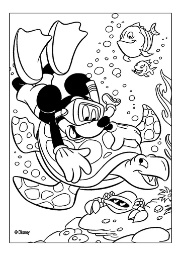 Underwater adventure with Mickey and his turtle friend coloring page