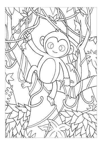 Color this nice monkey in the forest, walking from vine to vine coloring page