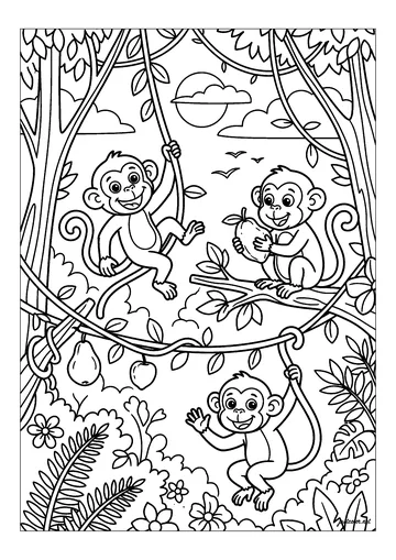 Three cheerful curious monkeys coloring page