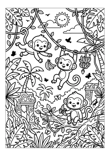 Three Acrobatic Monkeys in the Jungle coloring page