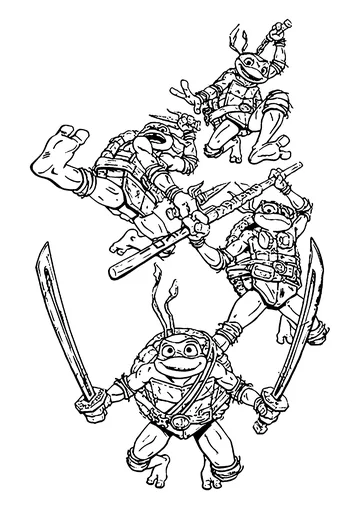 Four turtles descending from the sky coloring page