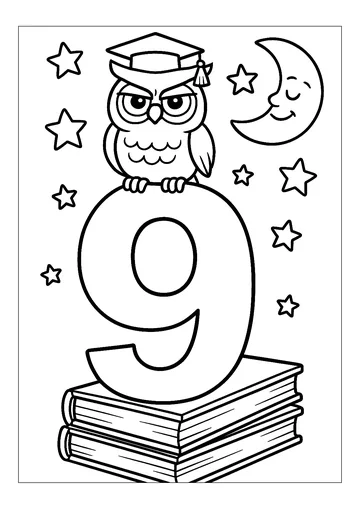 9: Wise owl under a starry sky coloring page