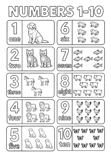 Numbers from 1 to 10 with animals coloring page