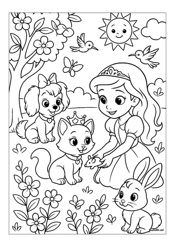 Princess and her animal friends coloring page