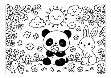 Happy panda in an enchanted garden coloring page
