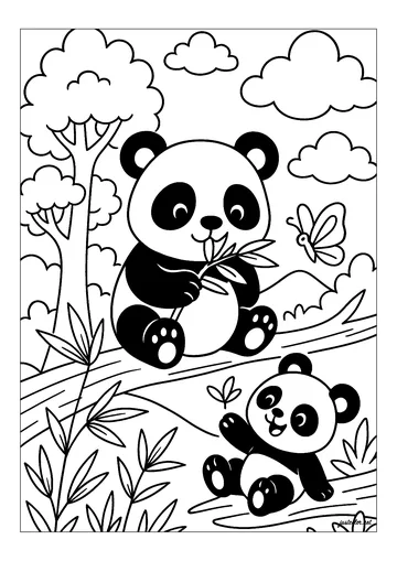 Playful pandas in a forest coloring page