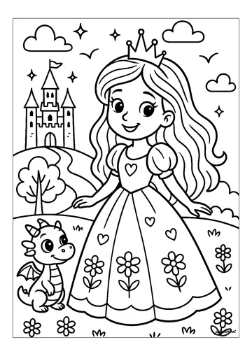 A princess and her happy dragon coloring page