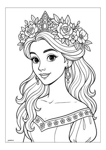 Pretty princess with flower crown coloring page