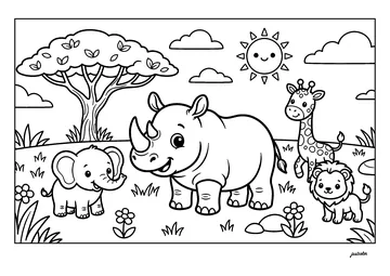 Animals in a meadow with a tree coloring page