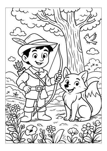 Robin Hood and a fox coloring page