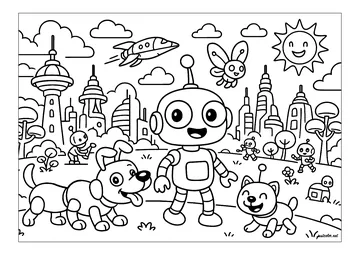 A family of robots in a futuristic city coloring page