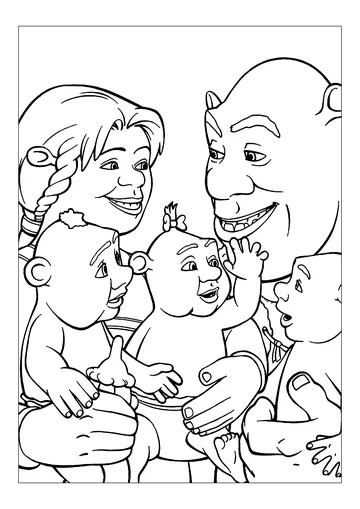 Shrek, Princess Fiona and their three children coloring page