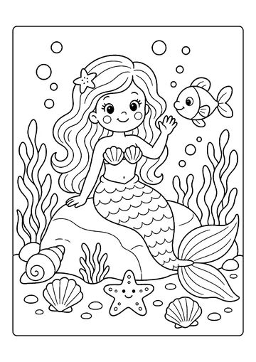 Little mermaid waving to a fish coloring page