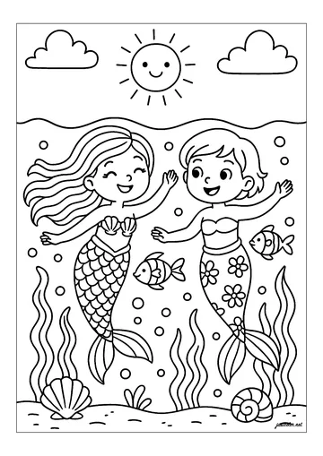 Underwater adventure with two happy mermaids coloring page
