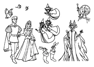 All the characters together: Aurora, the prince, the fairy godmothers, and the wicked witch! coloring page