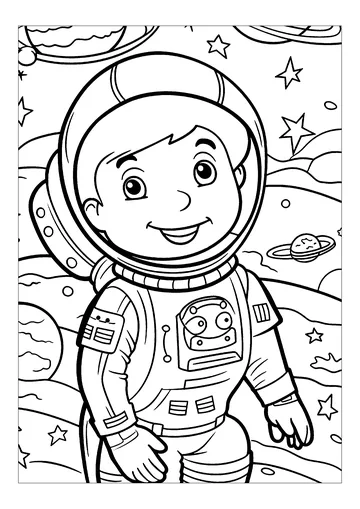 Young astronaut surrounded by planets and stars coloring page