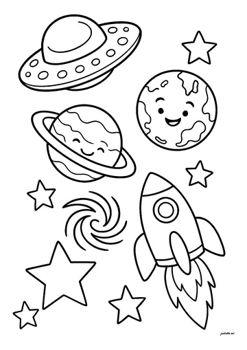 Nice drawing with rocket, planets, stars and flying saucer coloring page