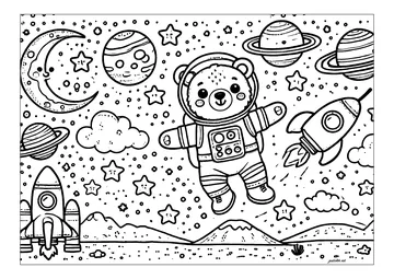 Astronaut teddy bear surrounded by planets and rockets coloring page