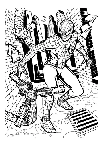 Spiderman in the street ready to give a beating to a bad guy ! coloring page