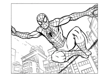 Spiderman in action above the rooftops of New York City coloring page