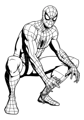 Spiderman crouched and attentive coloring page