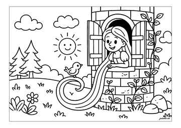 Rapunzel at her window with a little bird coloring page