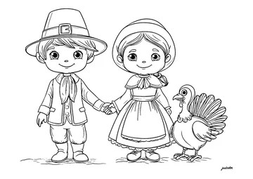Children in traditional dress and turkey coloring page