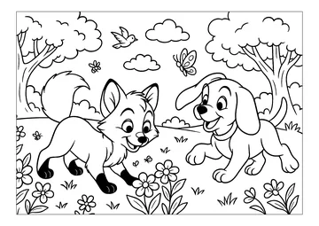 Friendship between a dog and a fox coloring page