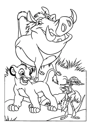 Timon, Pumbaa with Simba coloring page