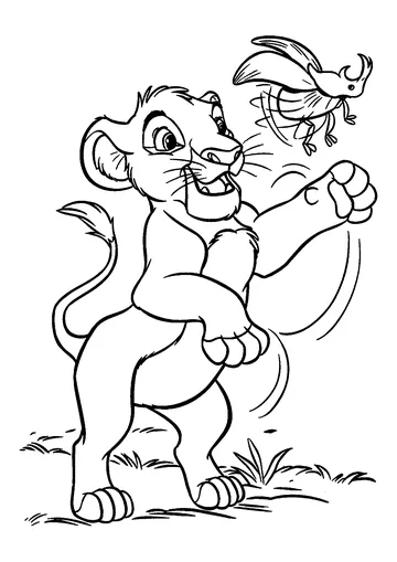Simba playing with a beetle coloring page