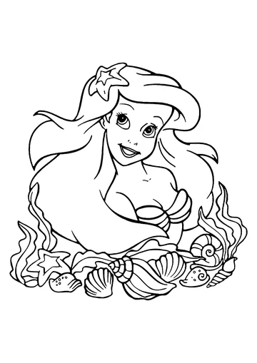 Ariel the Little Mermaid surrounded by pretty shells coloring page