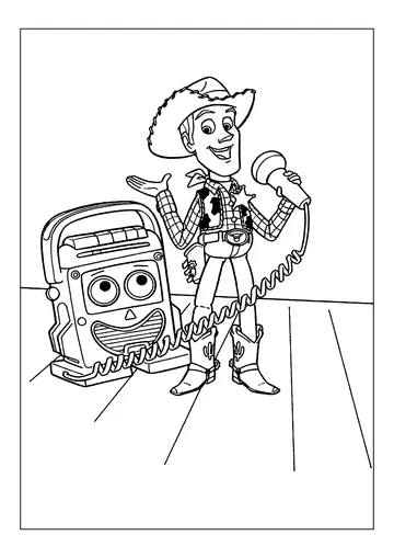 Woody sings with his friend the cassette recorder coloring page