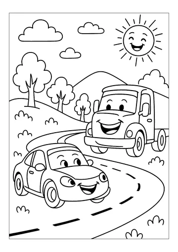 Cars and trucks with smiling faces coloring page