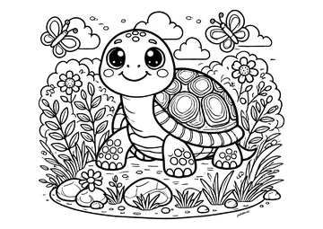 Cute, smiling turtle with butterflies coloring page