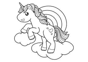 Pretty unicorn in the sky, with clouds and rainbow coloring page