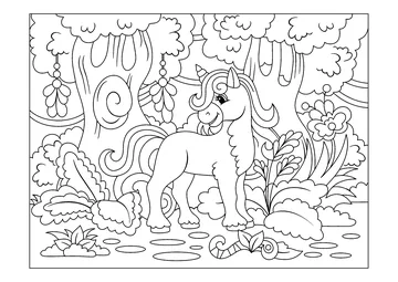 Young unicorn in an enchanted forest coloring page
