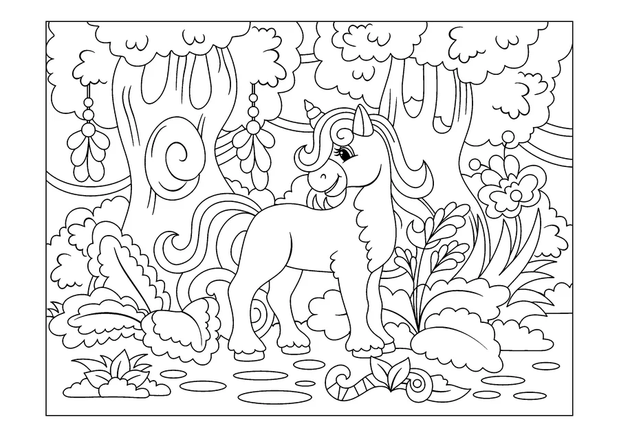 Young unicorn in an enchanted forest coloring page