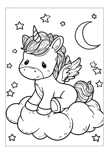 Little unicorn dreaming under the moon coloring page