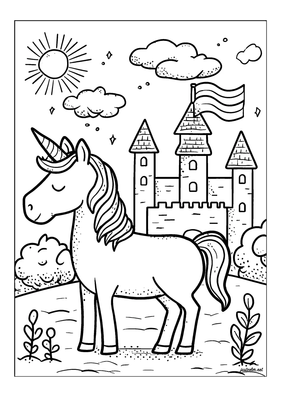 Enchanted castle and magical coloring page