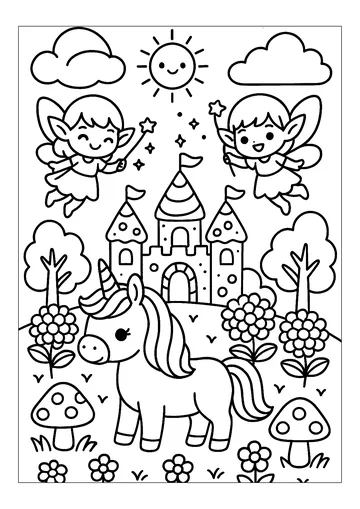 Little fairies flying over a castle and a unicorn coloring page