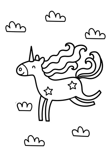 Unicorn in the sky with clouds coloring page