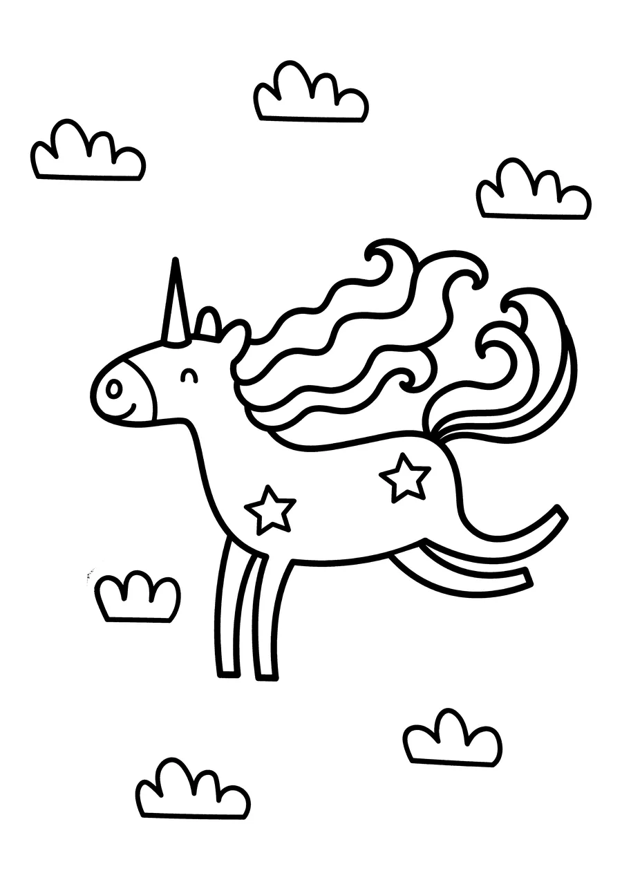 Unicorn in the sky with clouds coloring page