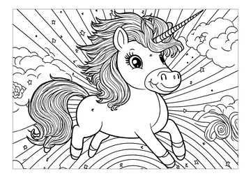 Beautiful unicorn to color, with a rainbow in the background coloring page