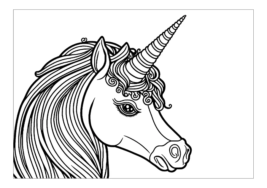 A pretty unicorn seen in profile, on a white background coloring page