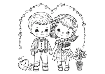 Two little lovers to color, in a very touching Valentine's Day coloring page
