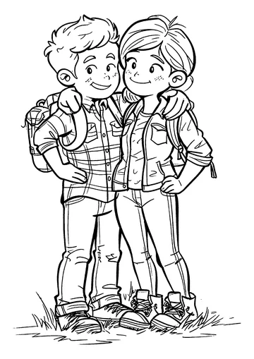 Two young hikers coloring page