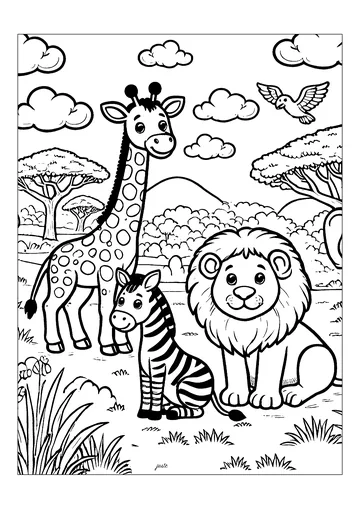 Little Zebra and his friends: lion and giraffe coloring page